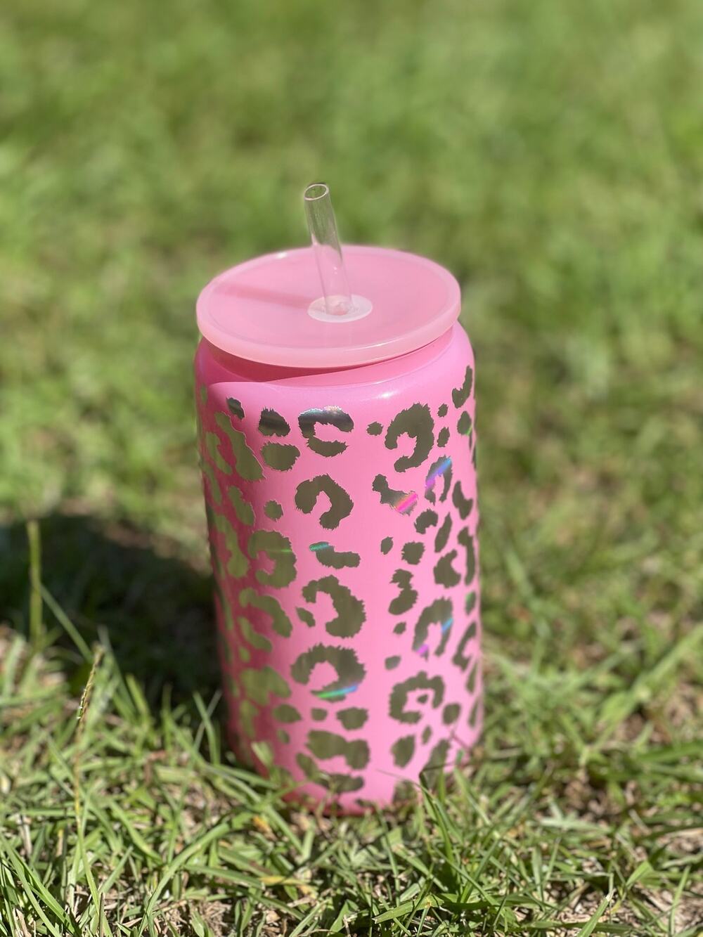 NEW 16oz Iridescent Leopard Print Glass Cup/Tumbler w/ Straw